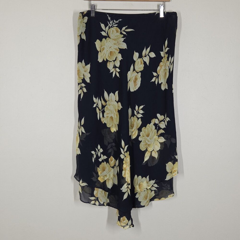 Vtg Y2K Navy Blue Floral Asymmetrical Handkerchief Hem Midi Skirt 10 Fairy Boho